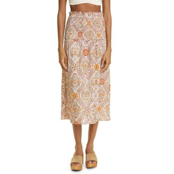 💕DEREK LAM 10 CROSBY Madani Linen Blend Smocked Skirt Light Khaki Floral 12 NWT - Picture 10 of 16